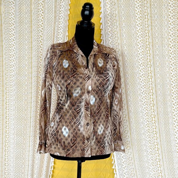 Vintage 70s Dart Collar Sheer Beige Peacock Feather Long Sleeve Blouse Size S - Picture 3 of 11
